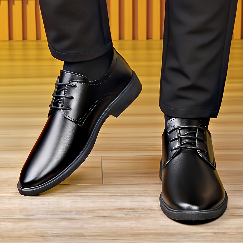 Men's British Formal Shoes, Black Glossy Low-Top Business Shoes, Lace-Up/Slip-On Dual-Use Minimalist Design, PU Upper and Lining for Easy Cleaning and Polishing, Wear-Resistant and Slip-Resistant PU Sole for Stable Walking, Round Toe Wide Fit for