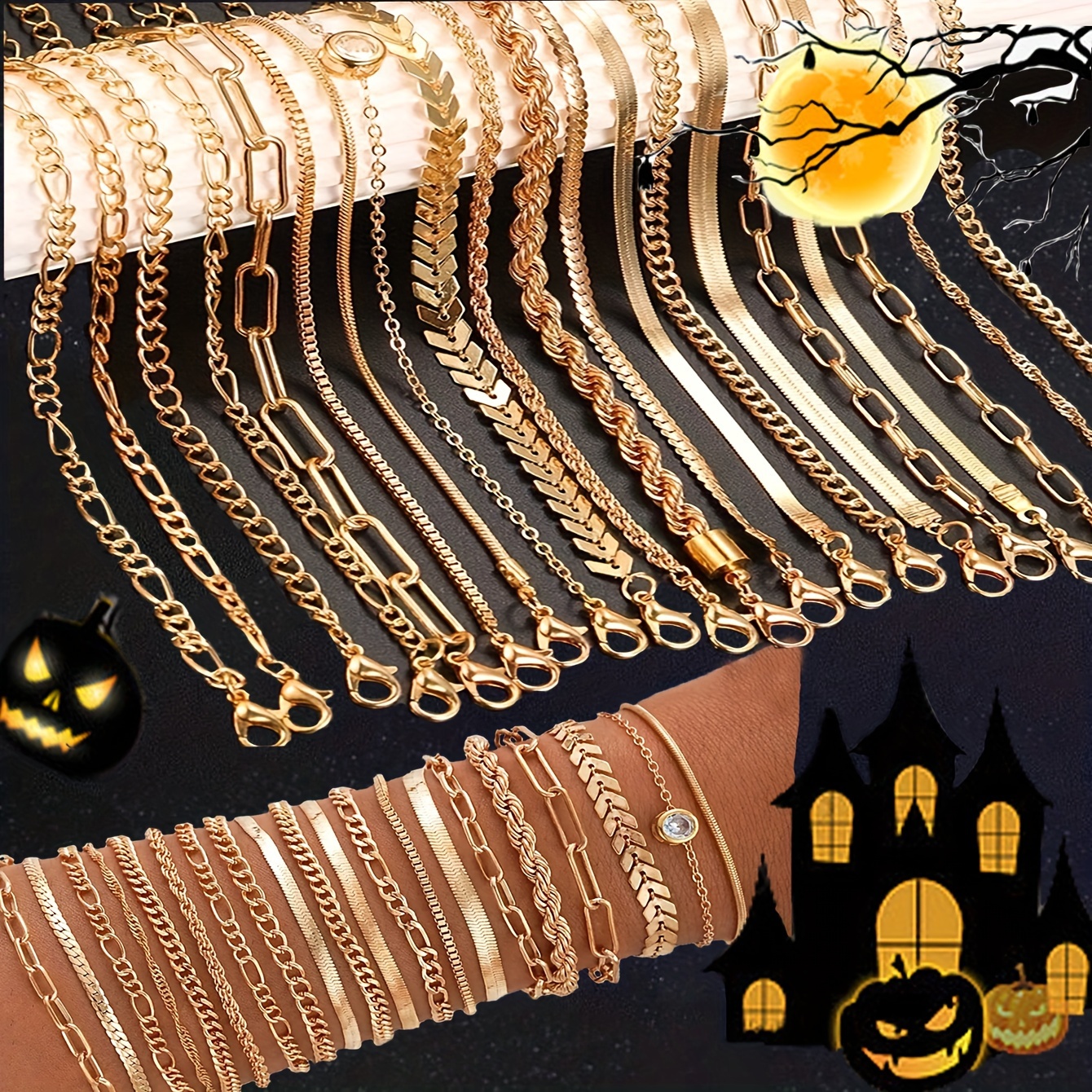 

Vintage Elegant 20-piece Gold-tone Alloy Chain Link Set - Layered Snake Chain Fashion Accessories For , Ideal For Party, Casual Wear, Gifts, Halloween - All Compatible