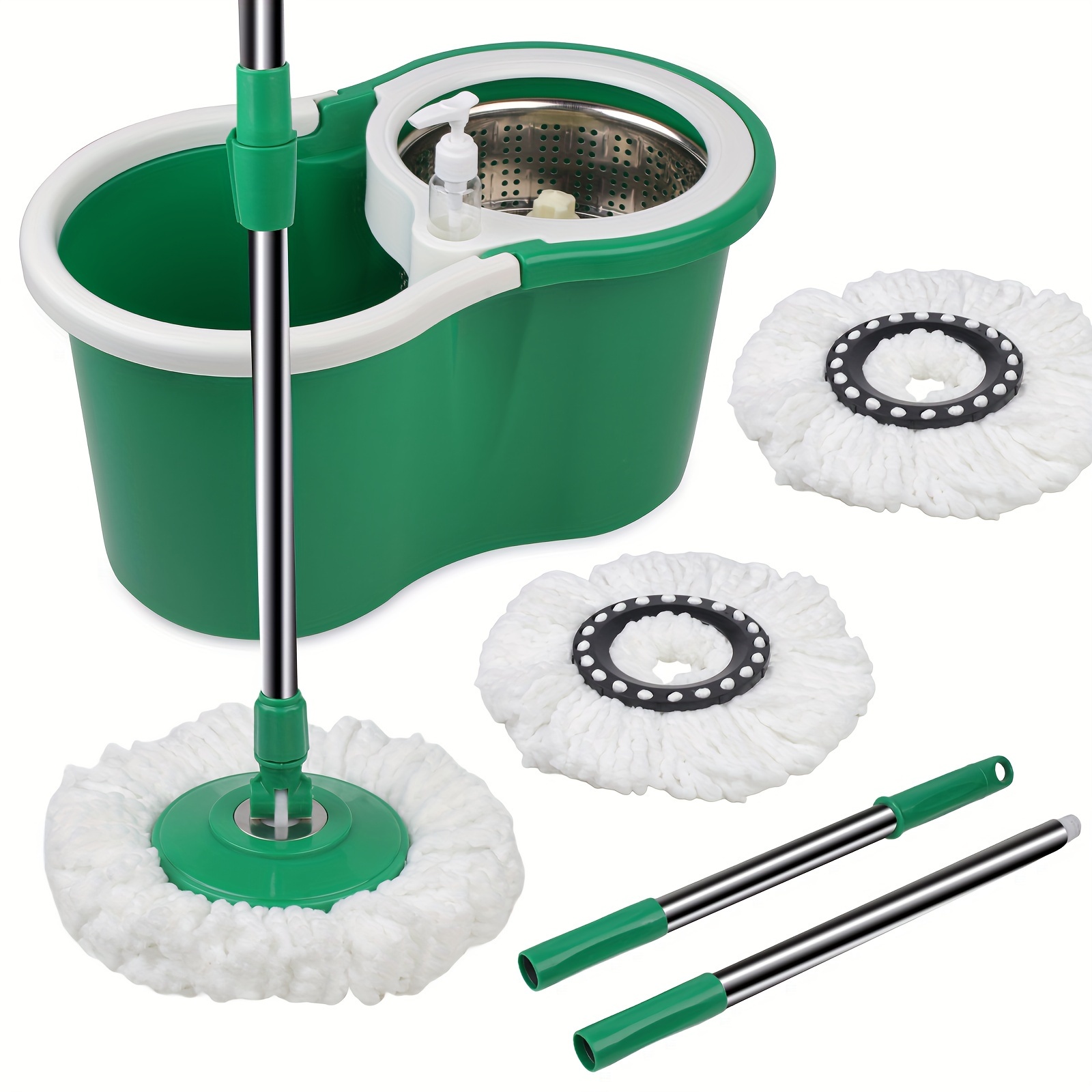 

1 Set, Mop And Bucket Set With Wringer, , Space-saving Design, And Water Drainage, 3 Replacement Heads, Green