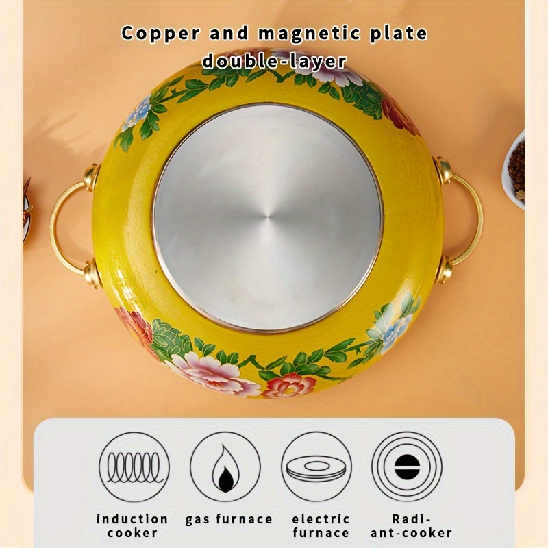 1pc enamel color electric magnetic stove   pot pure copper enamel porcelain hot pot landscape blue porcelain     pot red flower opening rich   style 30cm2 3 people pot details 7