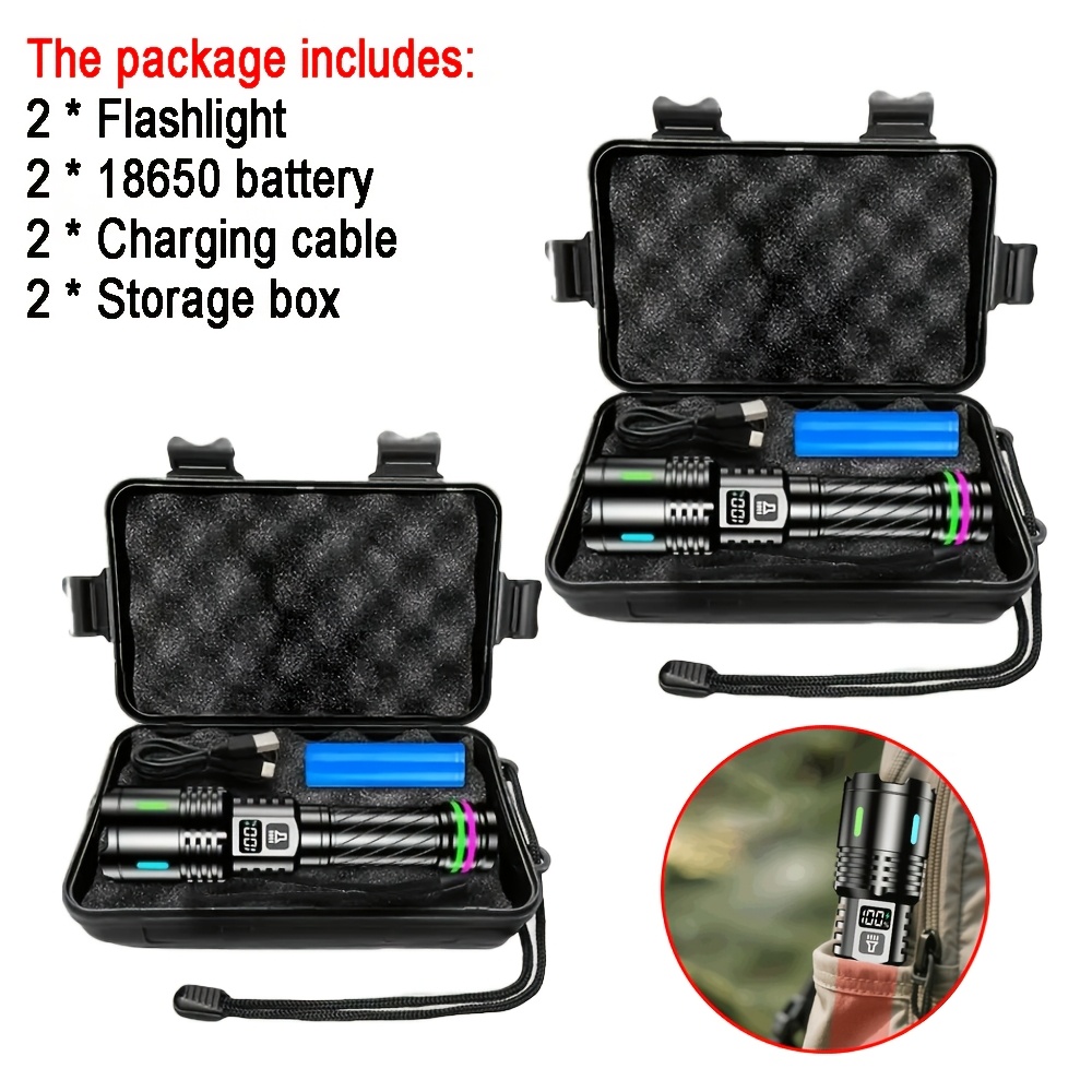 2 Sets Rechargeable Led Tactical Flashlights, Handheld Flashlight With Digital Display, 3 Lighting & 2200mah Battery, For Camping, Travel, Exploration, Hiking, Home Emergency