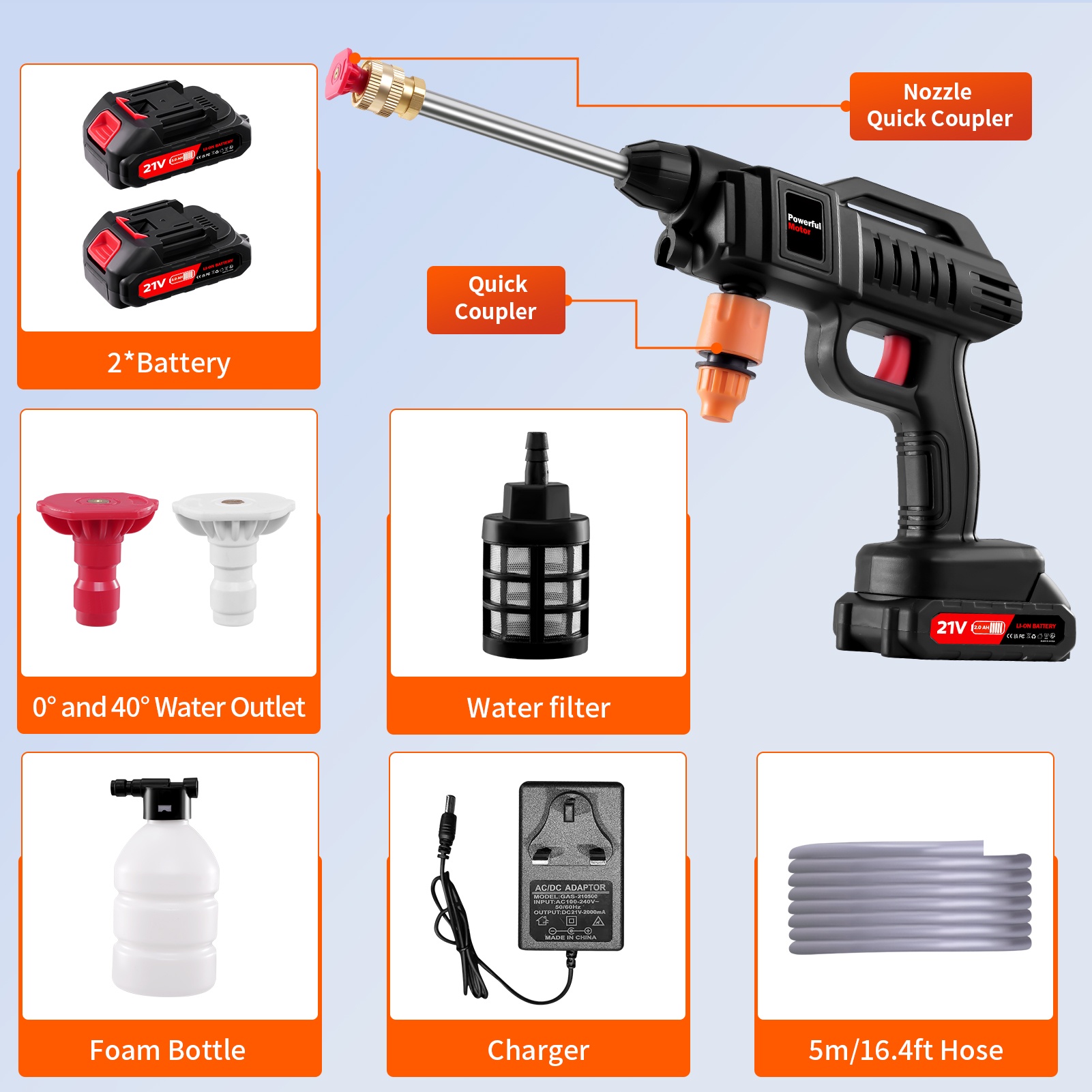 60 Bar Cordless Pressure Washer with 2 Nozzles & 5 Spray Modes