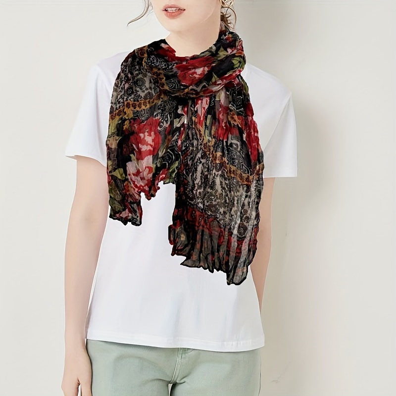 

Floral Printed Crinkled Scarf For Women, Summer Thin Printed Scarf, Fashion Printed Scarf For Women