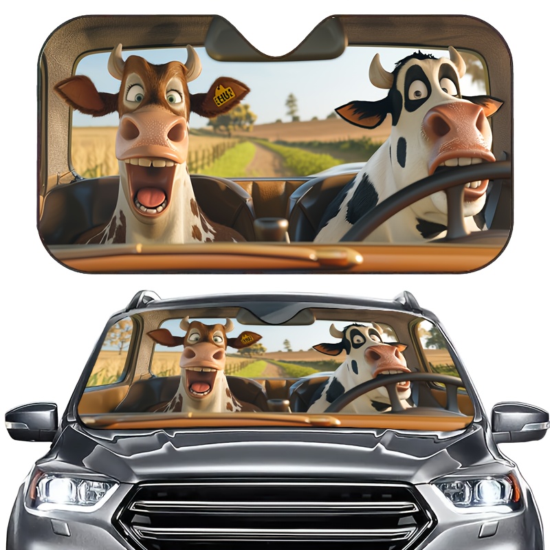 TEMU Funny Cow Car Windshield Sunshade - Front Window Cover, Anti-uv, Heat Insulation, Reflective Aluminum Bubble Film + Uv Printed Fabric, Durable, Waterproof, Foldable, Suitable For Suv Sedan