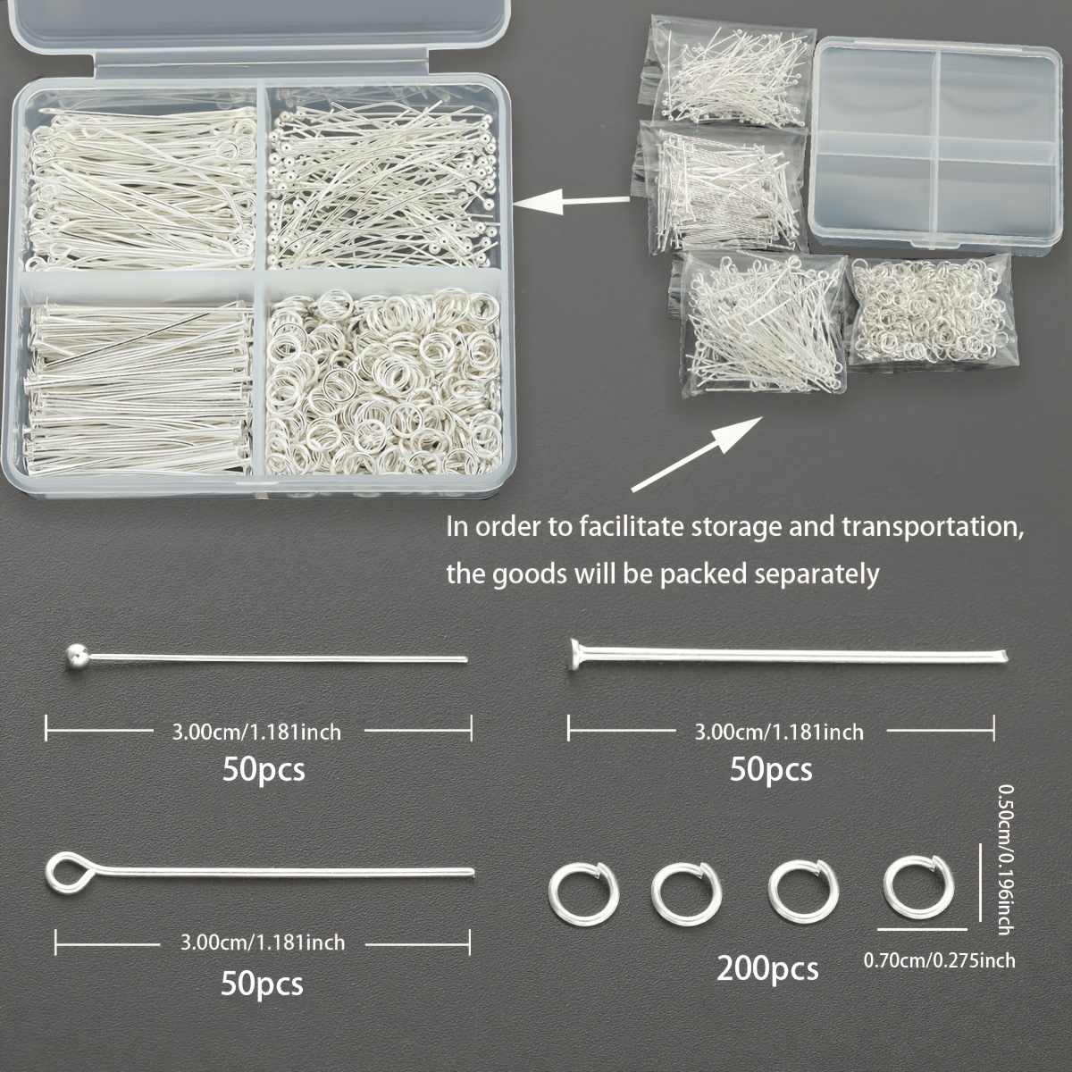 TEMU Kit per creazione di spille per gioielli fai da te argentate pz/scatola, inclusi 50 pz di anelli di collegamento aperti, 50 pz di spille a testa