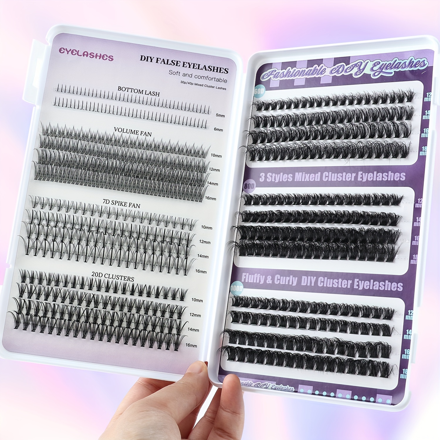 

616 Pcs Diy False Eyelashes, Mixed 60d-100d Volume Clusters, 8mm-16mm D , Bottom & Upper Lashes Extension Kit, Personal Eyelash Crafting Kit