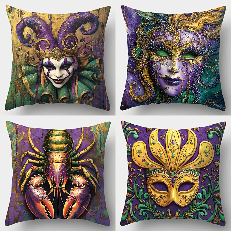 

4-pack Mardi Gras Carnival Pillow Covers, 17.7"x17.7" Polyester Zippered Cushion Cases, Machine Washable, Contemporary Printed Decorative Sofa Pads For Living Room, Woven Fabric, Mask & Iris Patterns