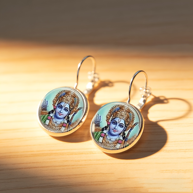 2pcs Round Glass-Inlaid Earrings with Deity Design