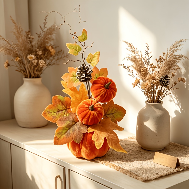 Image of Velvet Pumpkin Tabletop Floral Arrangement, Artificial Maple Leaf And Vintage Decor, Suitable For Dining Tables, Fireplaces, Windows, Versatile For Stores And Supermarkets, Essential Halloween
