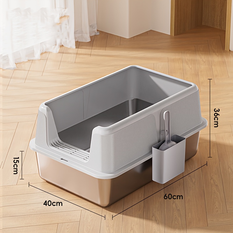 Image of Large Stainless Steel Cat Litter Box With Lid | 12" High Sides, , Leak-proof, Odor Resistant, Easy Clean, Enclosed Tray, Includes Scoop, , Without Battery