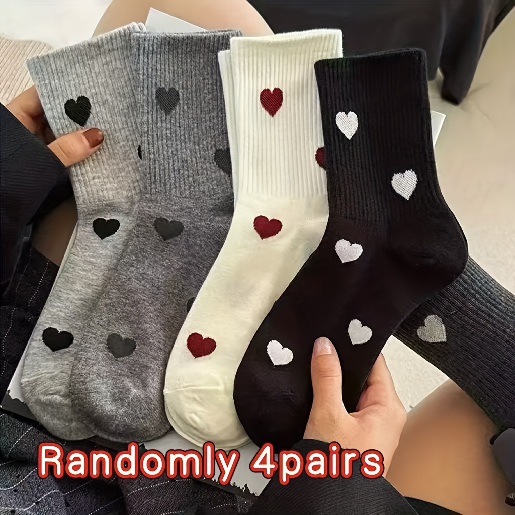 TEMU 4-pair Random Colors High-quality Heart Pattern Socks For Women, Eur Size 35-38, Mid-calf Spring/summer Style, Trendy And Versatile For