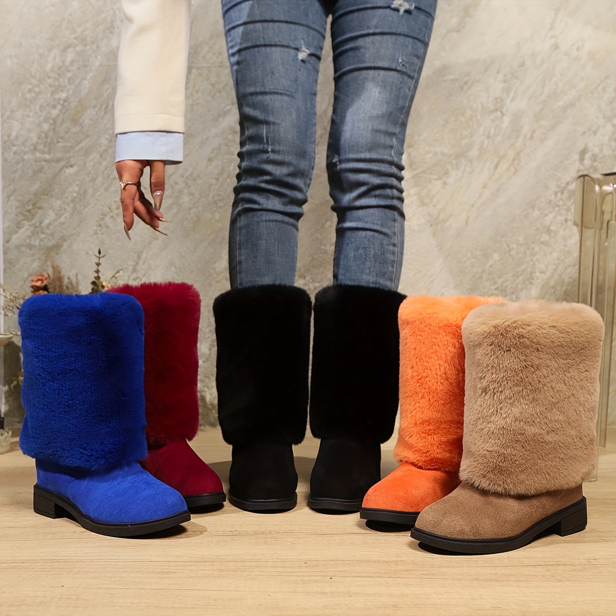 

Women's Fashion Mid-calf Faux Fur Boots - Solid Color Slip-on Comfort Winter Footwear With Plain Toe, Platform Heel, Fabric Upper/inner/sole, Tpr Outsole, European Special Collection From Huizhou