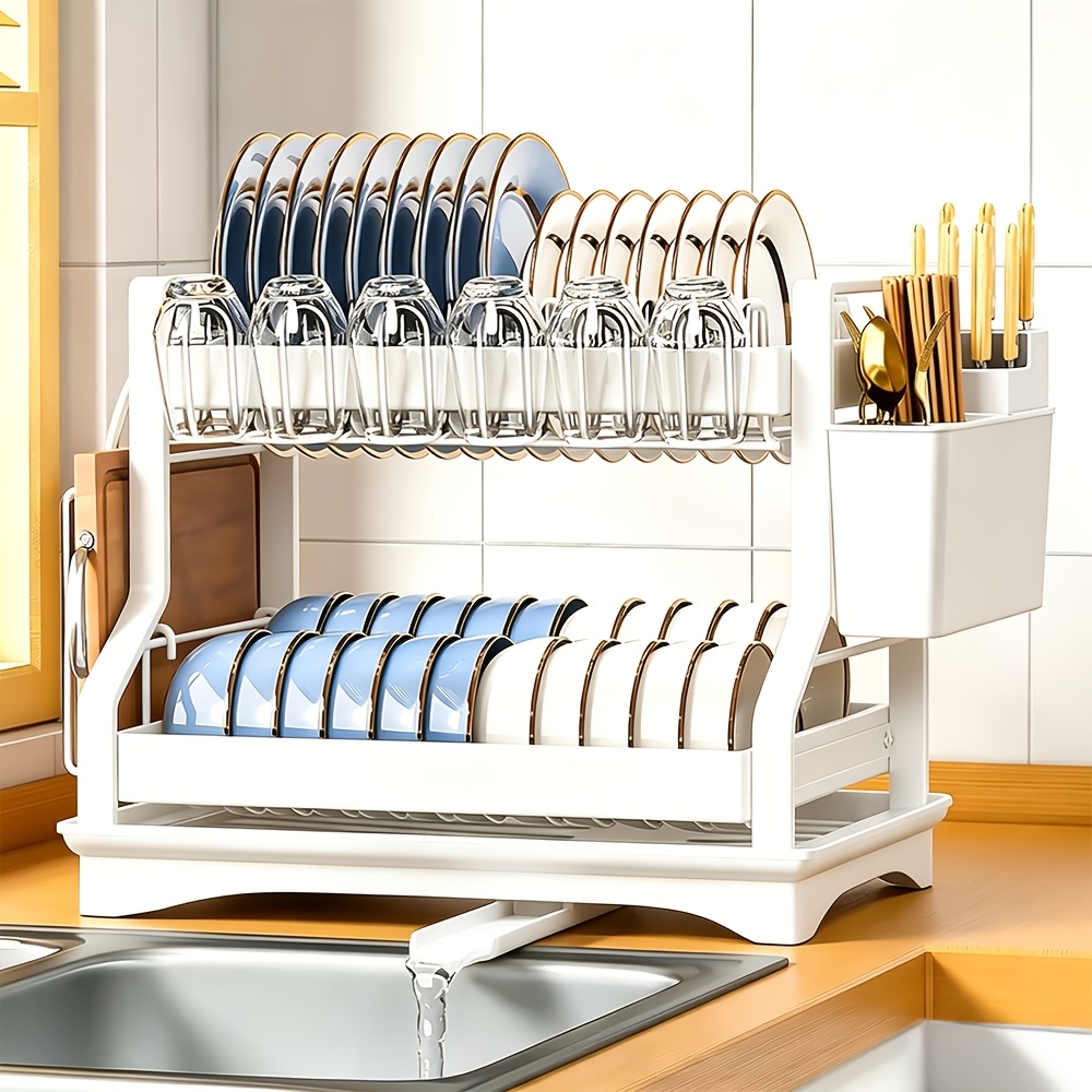 TEMU 1pc 2 Tier Carbon Steel Dish Drying Rack Dish Drainer Large Capacity With 2pcs Scouring Pads, Drip Tray And Cutlery Holder, Space-saving For