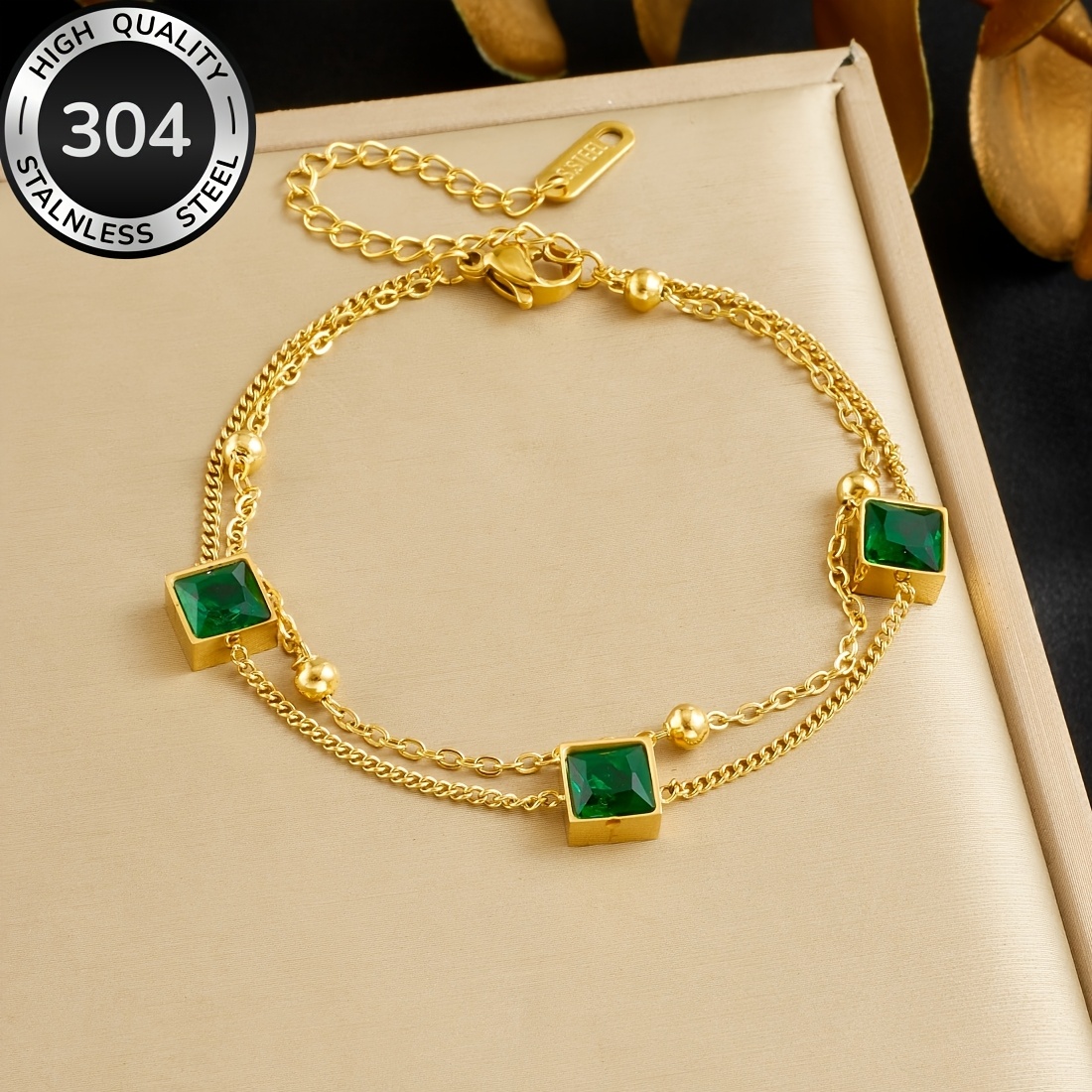TEMU Bracelet à double couche superposée en acier inoxydable 304 avec bloc de strass verts, accessoire polyvalent de luxe élégant et délicat, style