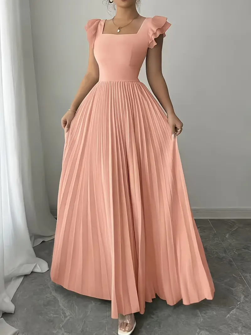 Women'S Elegant Floral Print Pleated Hem Long Dress, Summer Women'S Elegant Floral Print Pleated Hem Long Dress, Summer