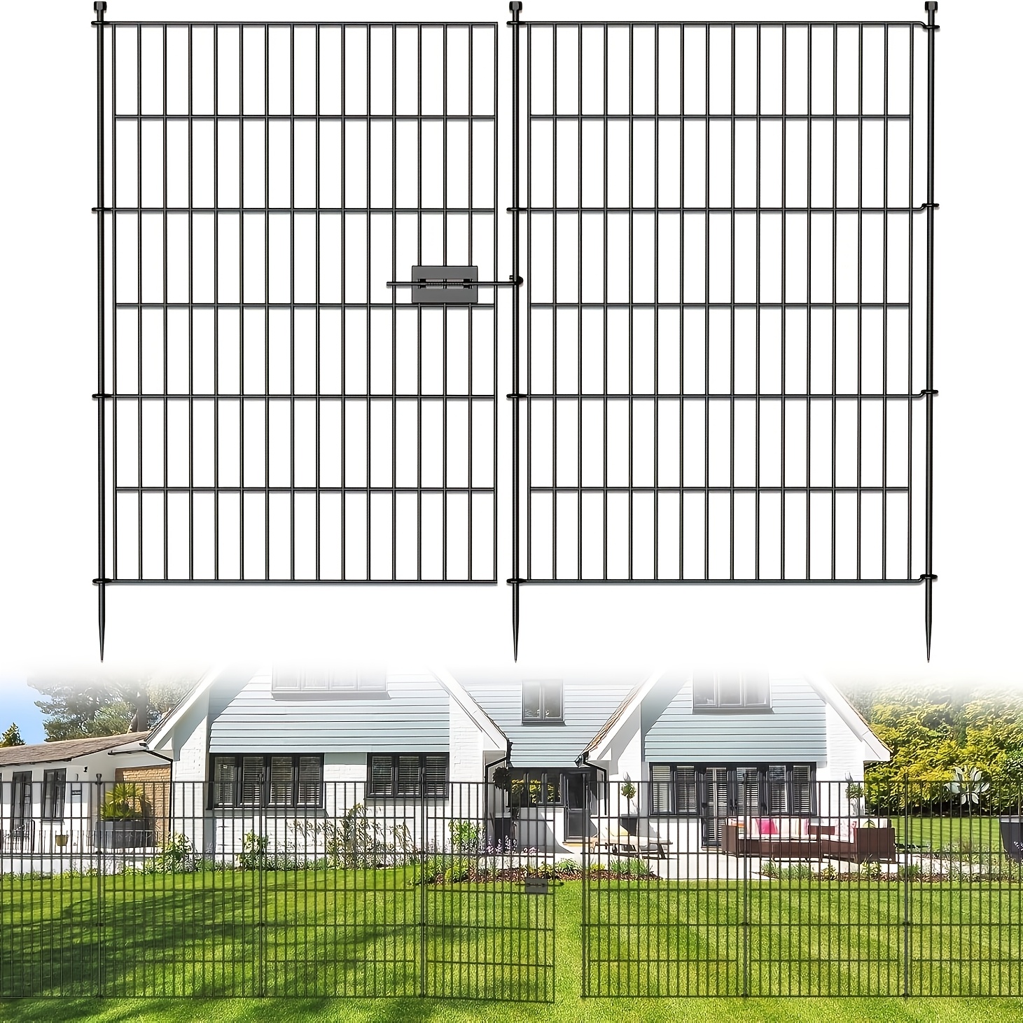 TEMU [3d] 10 Panels Metal Garden Fence With Lock, 10 Panels + 11 Stakes Dog Fence Border Fence Animal Barrier, No Dig Garden Fencing For Yard Flower