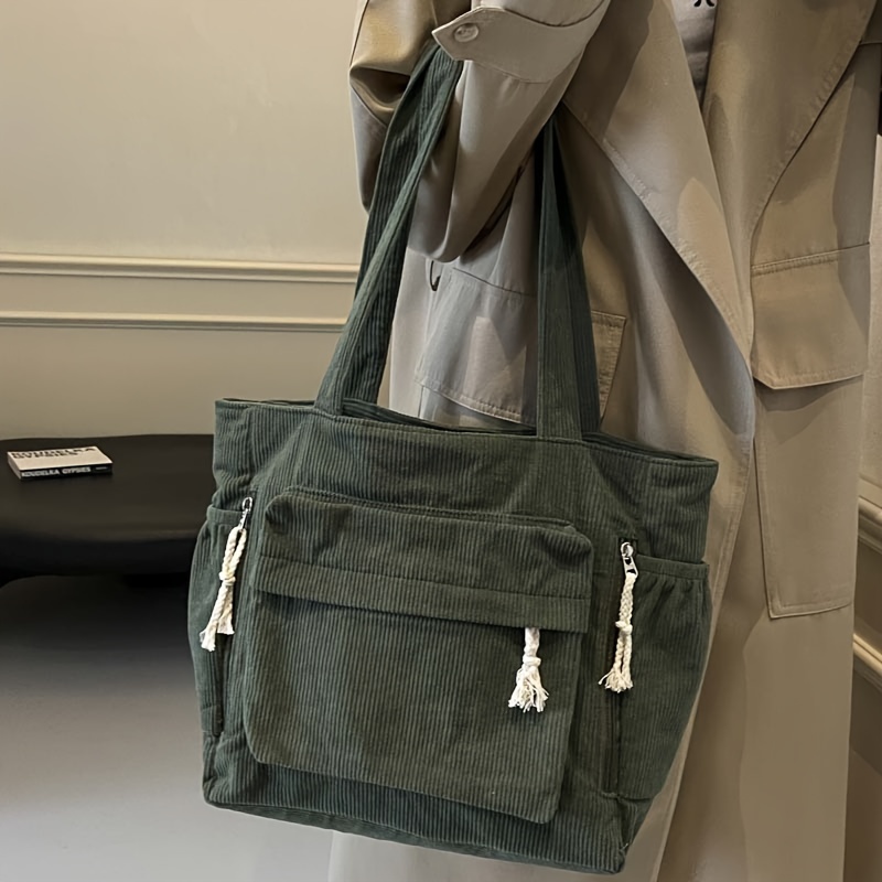 Travel Master Corduroy Shoulder Bag - Casual Solid Color with Multiple Pockets, Zipper Closure, Polyester Lining, Ideal for Shopping, Commuting &amp; Short Trips, Travel Bag