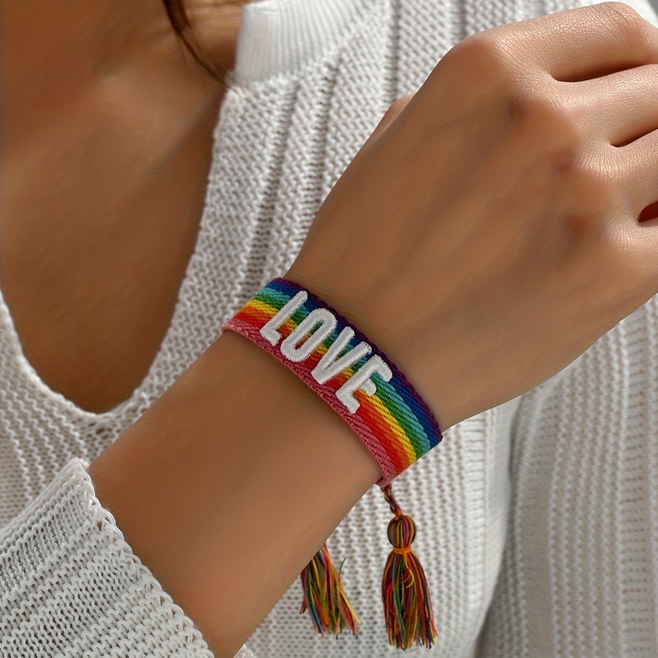 Bohemian Style Letter Embroidery Tassel Rainbow Cord Bracelet