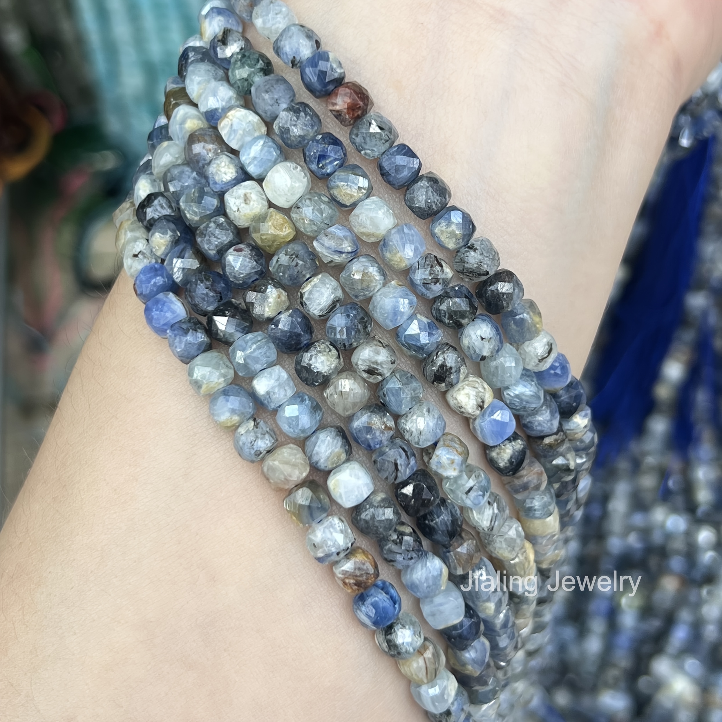 TEMU 42pcs Aaa Natural Variegated Blue Kyanite Beads - 4mm Cube Suitable For Making, Handmade Boho Celestial Zodiac Bracelets & Necklaces, European