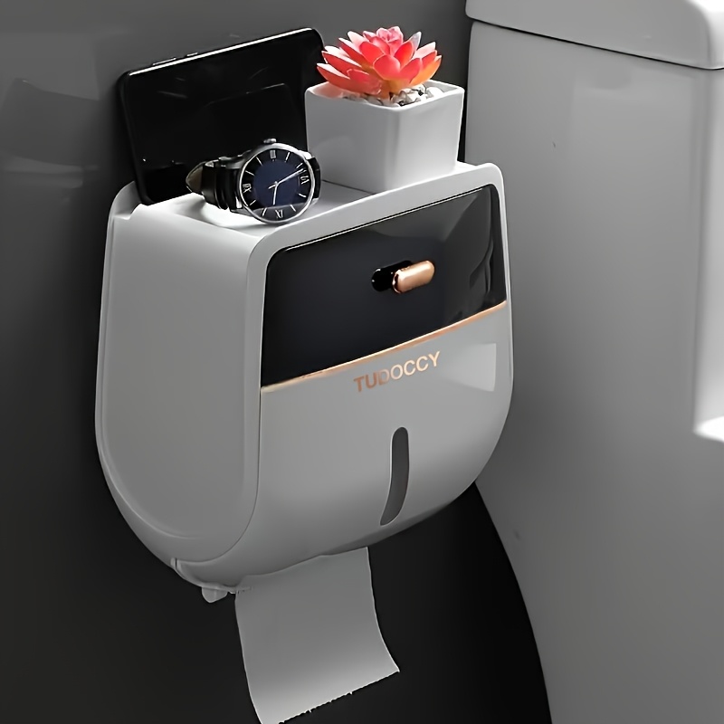 TEMU 1pc Wall-mounted Double Layer Toilet Paper Holder With Large Capacity, Waterproof Bathroom Tissue Dispenser & Organizer - White For Smartphone,