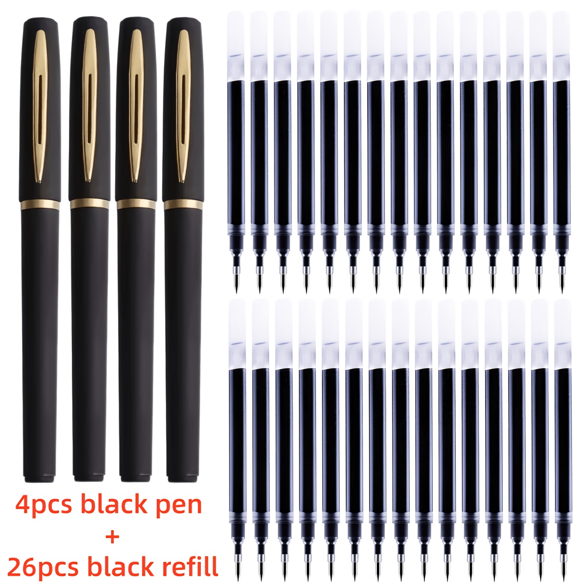 TEMU 30pcs Black Gel Pens Set, [4pcs Pens And 26pcs Refills], Large Capacity 0.5mm Neutral Pens, Suitable For Office, Study, Signing, Practice, And