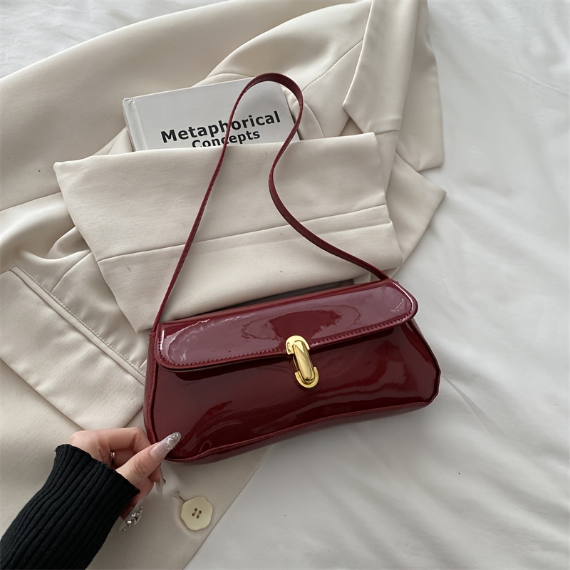 TEMU Women's Evening Bag Solid Color Glossy Women's Evening Bag, Fashionable Women's Underarm Bag, Pu Material, Turn Lock Closure, French Bag,
