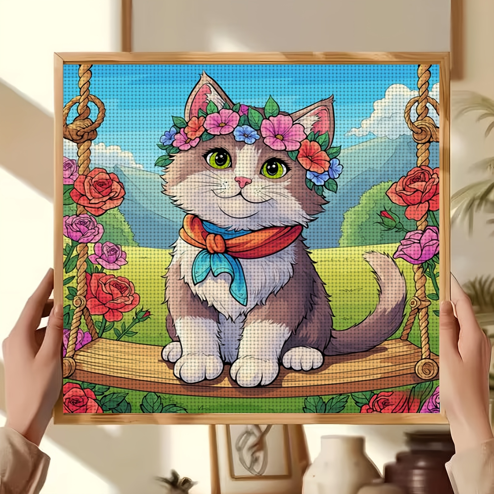 Cross-Stitch Kit, Kittens on a Swing with Flower Wreath