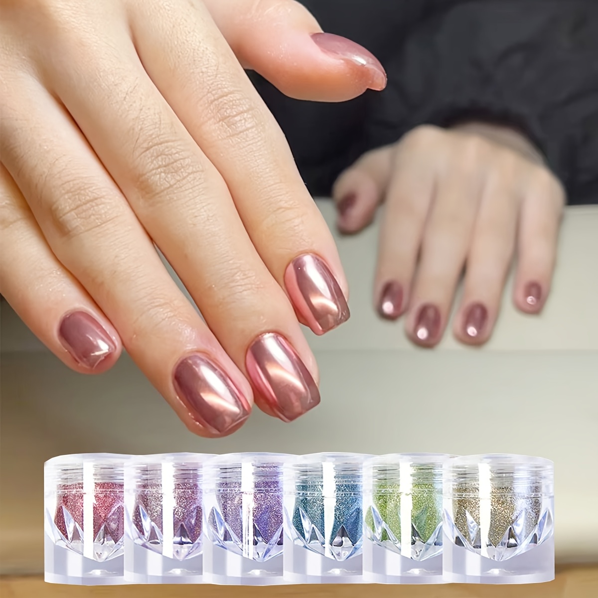 6 Stück Nagel-Chrom-Pulver - Spiegel-Effekt Pulver Für Gelnägel, Inkl. Roségold & Bunte Farben