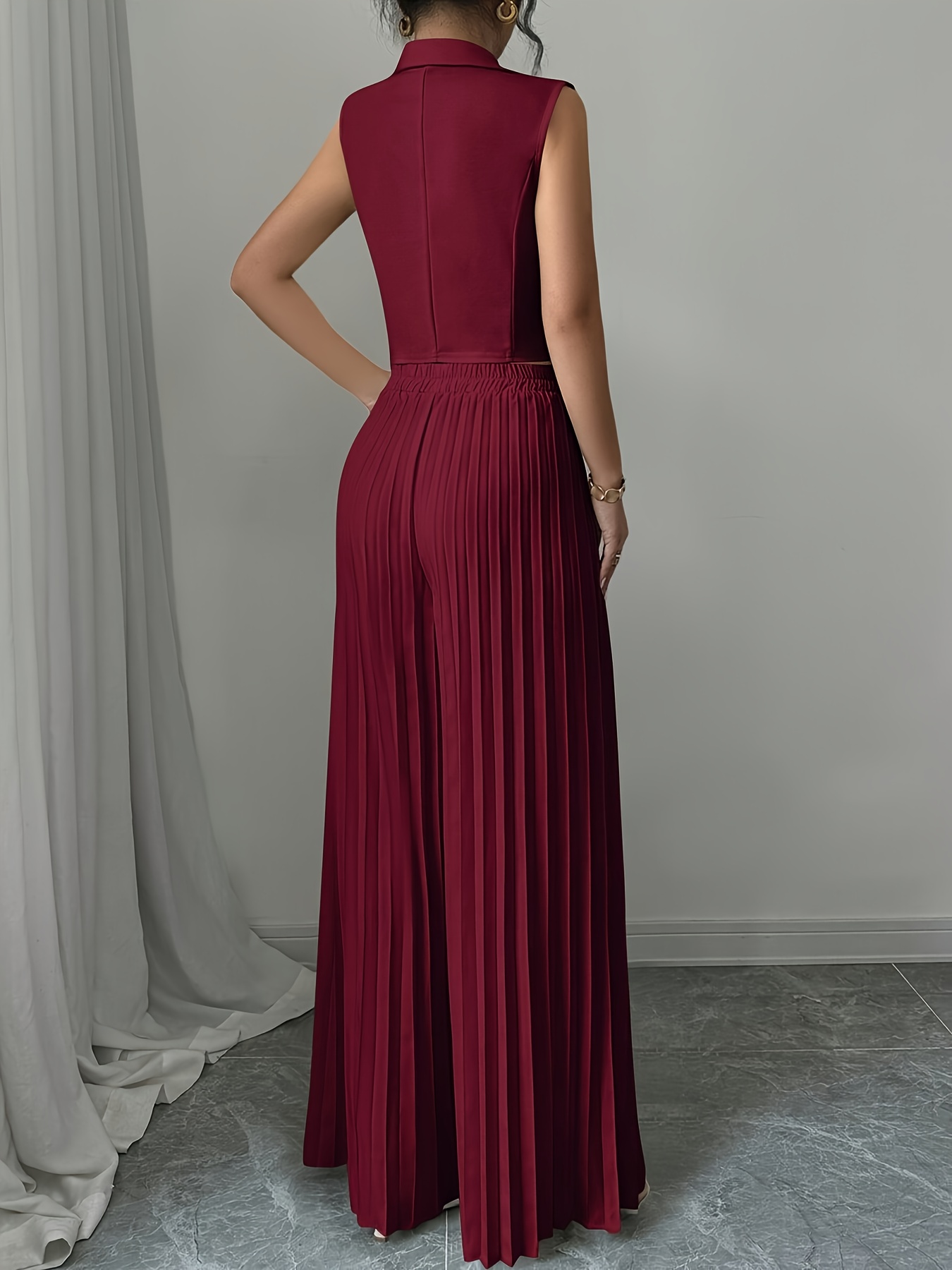 Women's Solid Color Suit with Sleeveless Vest, Double-breasted Pleated Pants with Elastic Waistband, High-end and Elegant Style