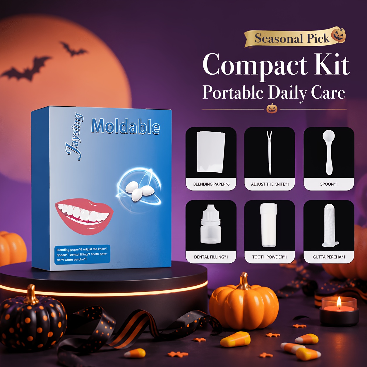 halloween kit moldable care set with mixing papers spoon and tool portable oral care accessories for gift for and holiday moments compact kit 3 54 x 2 68 x 0 79in Product details 0