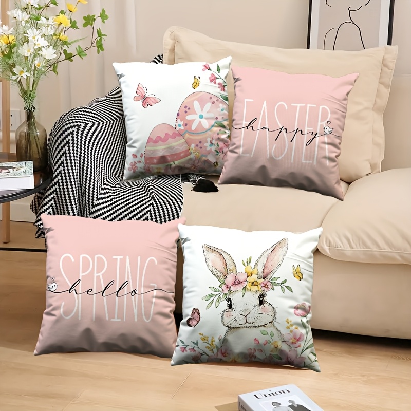 

4pcs Easter Bunny Pink Throw Pillow Covers 18x18" - Contemporary Style, Machine Washable, Zip Closure For Home, Office, And (inserts Not Included)