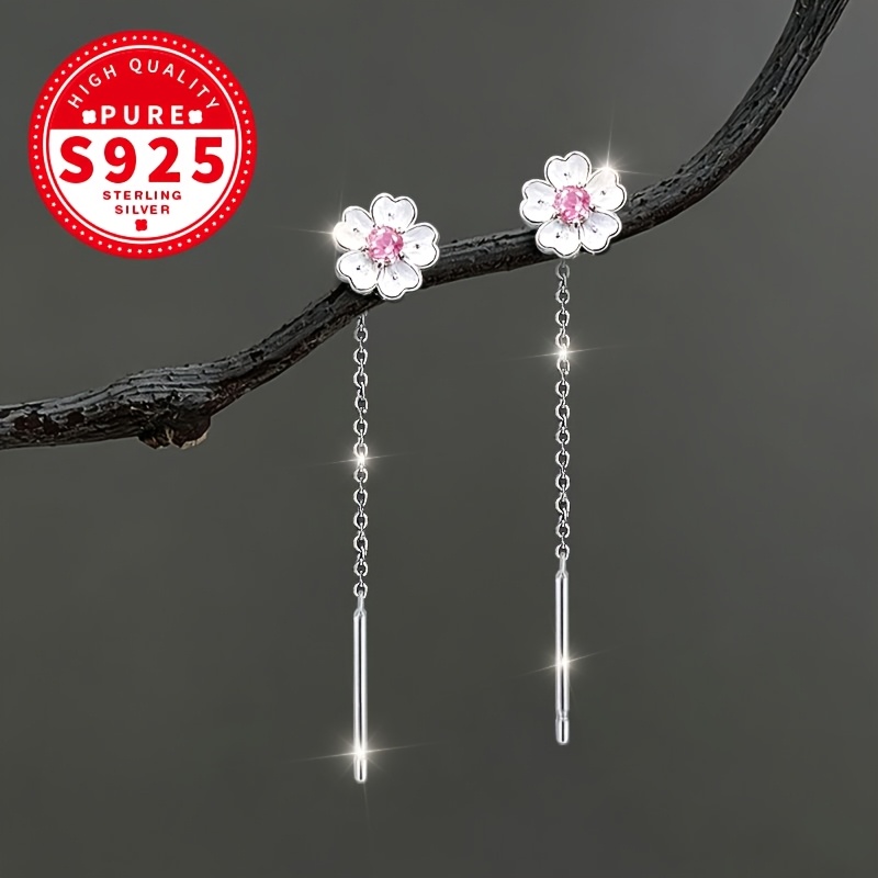 Women's S925 Silver Sparkling Pink Cherry Blossom Ear Thread Earrings