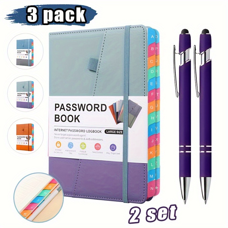 

3 Pack Office Supplies, Letter Tag Password Notebook, 2 Ballpoint Pens, Computer And Website Login Password Organizer And , 240 Pages, 2-in-1 Stylus Retractable Ballpoint Pen