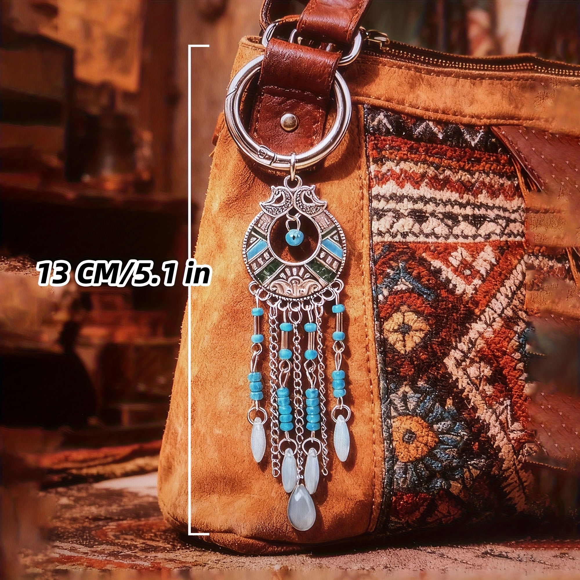 E-shop Böhmischer Federquaste Schlüsselanhänger Taschenanhänger – Handgefertigtes Perlen-Boho-Accessoire für Damen – Ethno-inspirierte