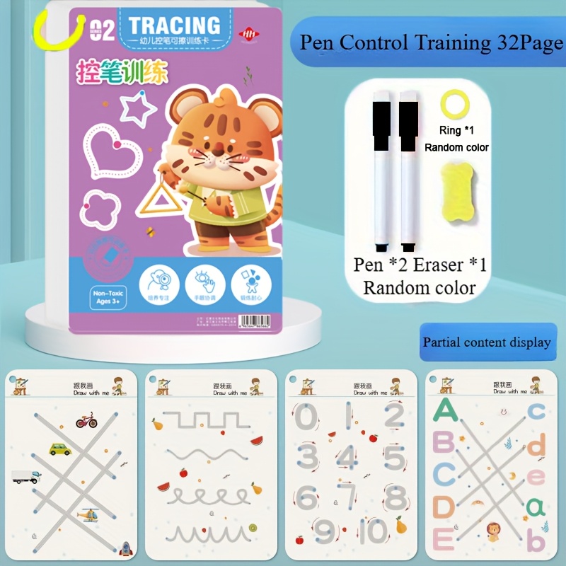 [32 Pages Magic Copybook] 32 Pages Reusable Copybook Set | Development Training, Pen Control Training And Drawing Education Workbook | Learning Writing Skills - Random Color Additions
