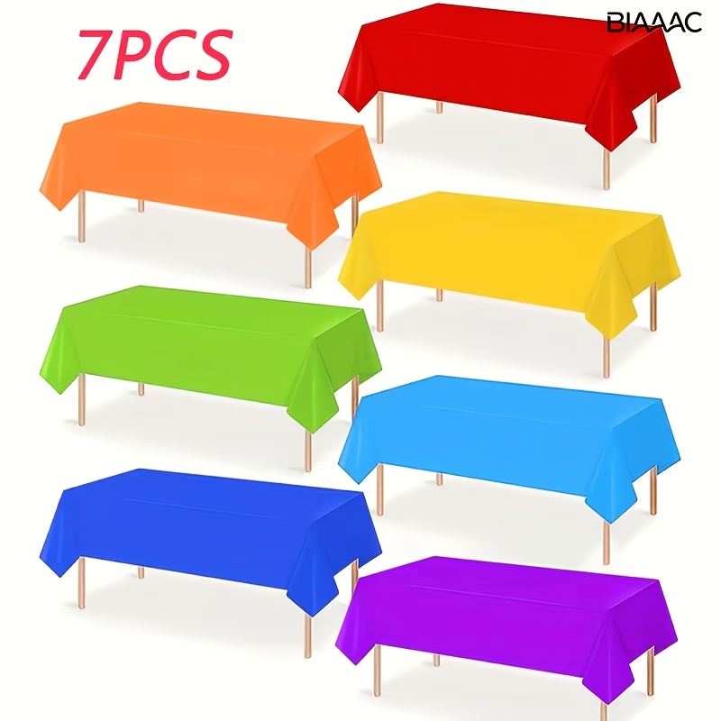 TEMU Biaaac 7pcs Set Of Rainbow-coloured Disposable Plastic Tablecloths, 54x108inches Rectangular Coloured Tablecloths, Suitable For Rainbow-themed