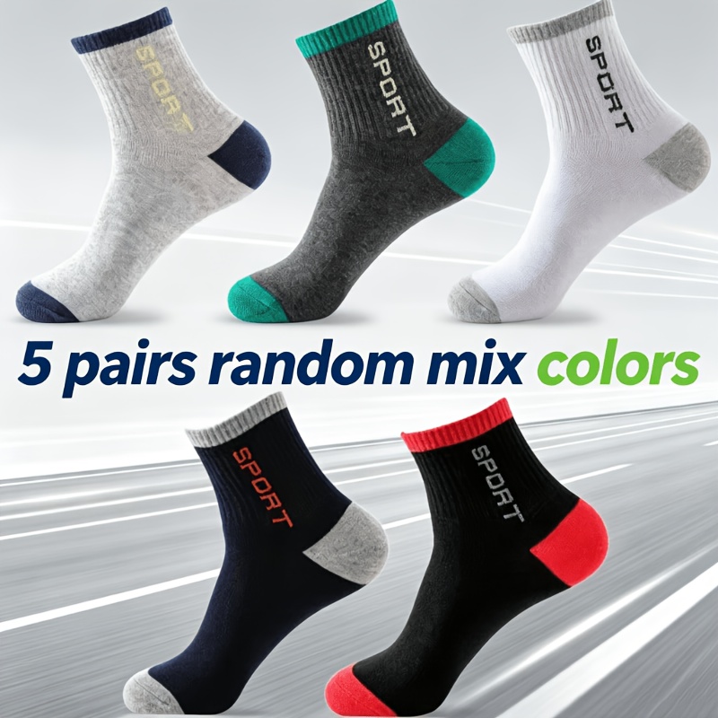 TEMU Random 5-pair Men's Spliced Contrast Color Letter "sport" Pattern Mid-calf Sports Socks, Casual And Trendy Style, Suitable For , Daily