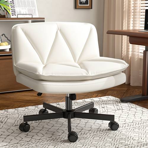 cross chair with wheels cross legged office chair with 2 layer cushion comfy wide seat leather amless vanity chairs for home office bedroom make up adjustable beige