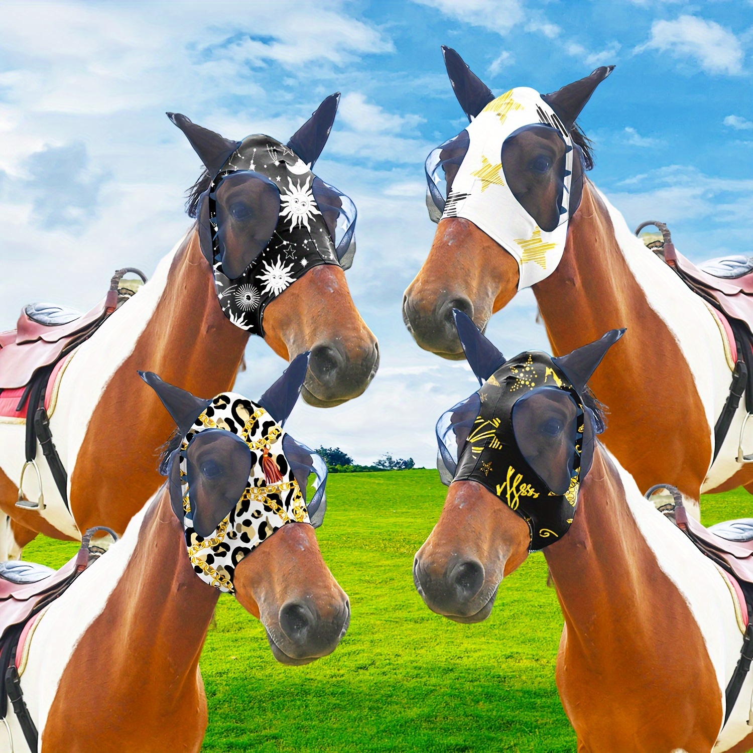 

4pcs Horse Fly Masks, Soft & Comfortable With Ears Elasticity, Full Face Protection, Large Size Equestrian Riding Gear