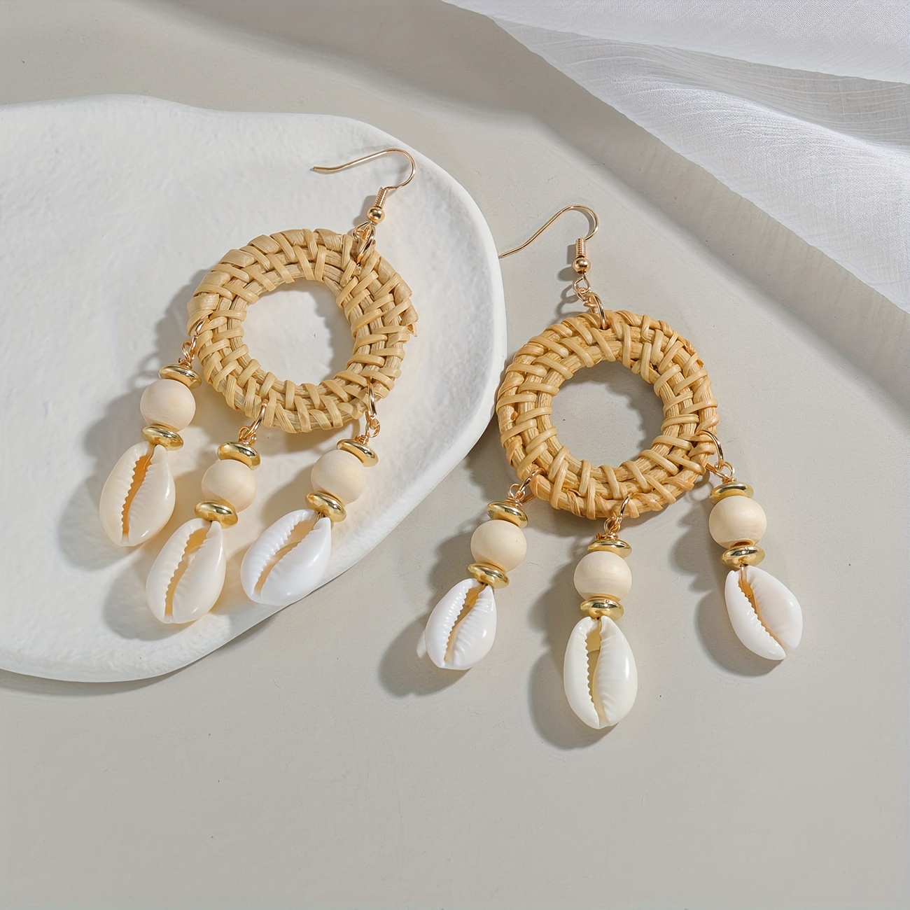 

Bohemian Shell Drop Earrings: Handcrafted Woven Hoops With Natural Shell Charms, Perfect For Everyday Wear And