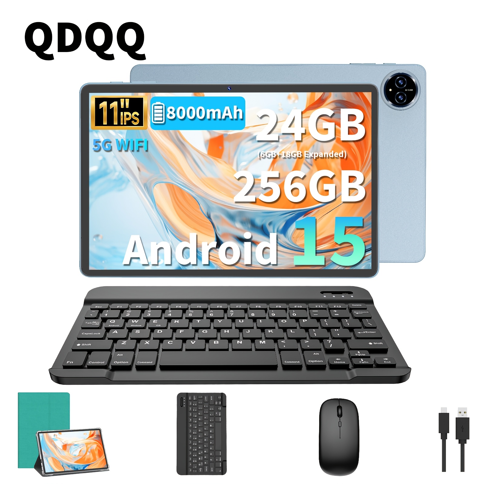 QDDQ Android 15 Tablet Features an 11-Inch Display, 256GB of Storage, And 24GB of for Ram (6GB Plus 18GB Expandable). It Has an 8000Mah Battery, Dual Cameras of 13MP And 5MP, an HD IPS Touchscreen, Wifi Connectivity, Tablet, Pad