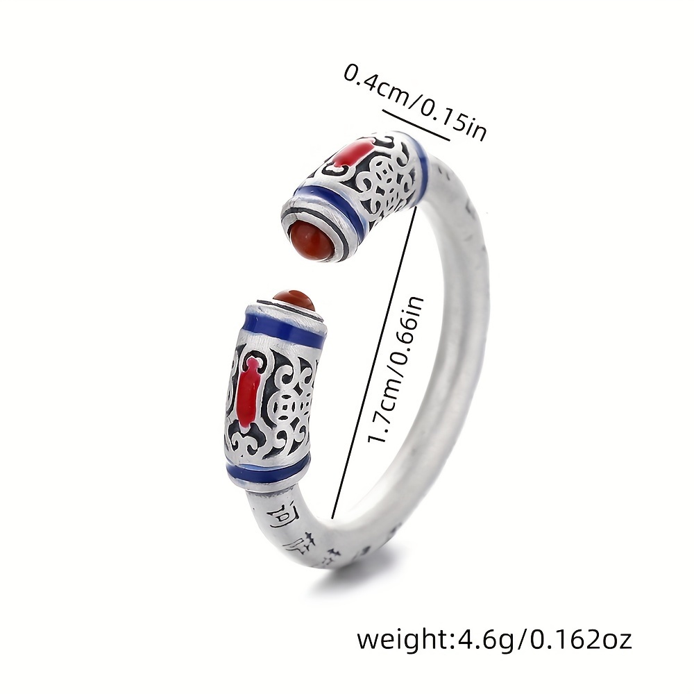 S925 Silver Retro Red Agate Heart Sutra Open Ring