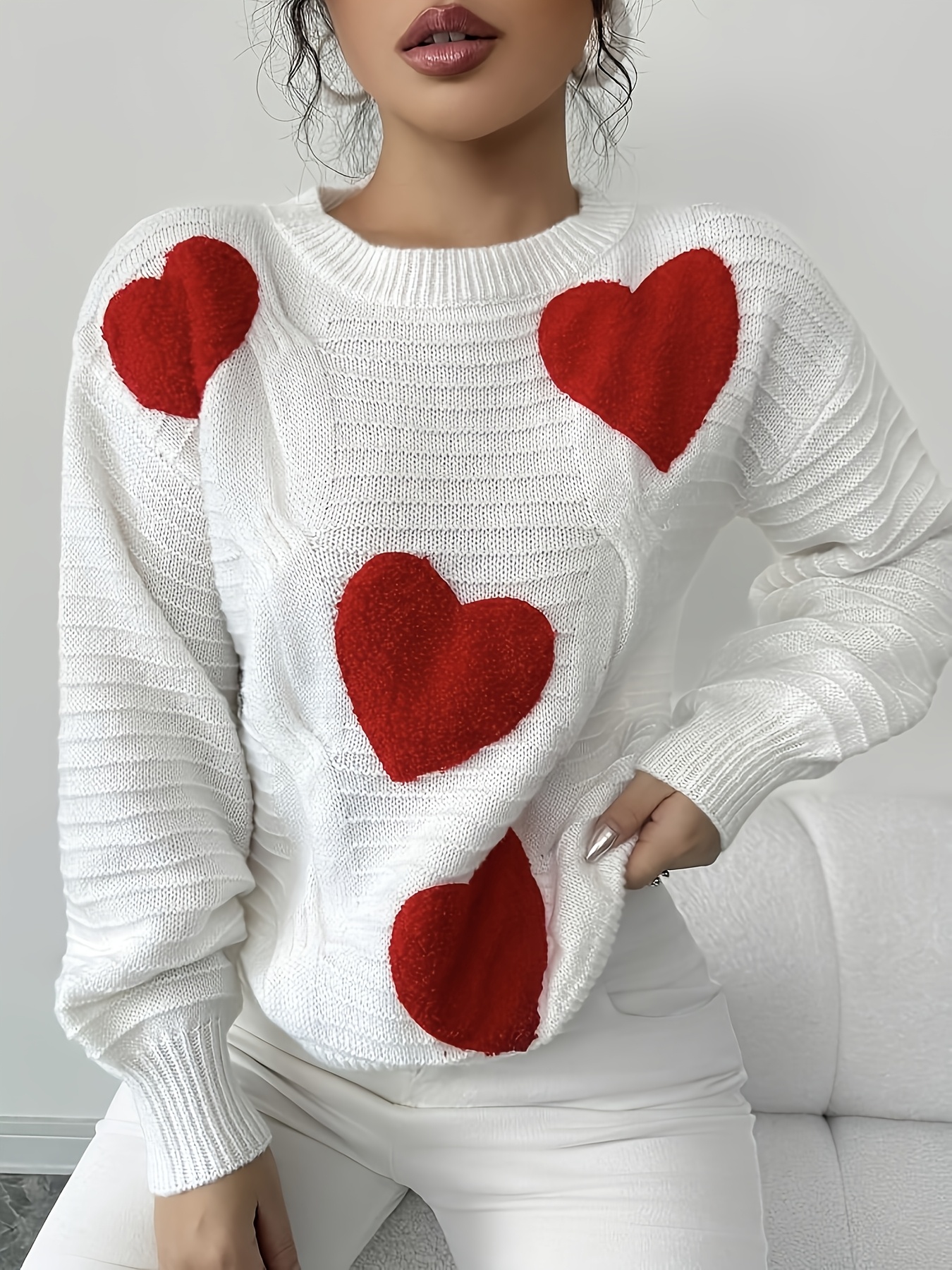 Women's Casual Elegant Red Crewneck Sweater Soft White Pullover with  Patterns Versatile Top for Casual Attire, H