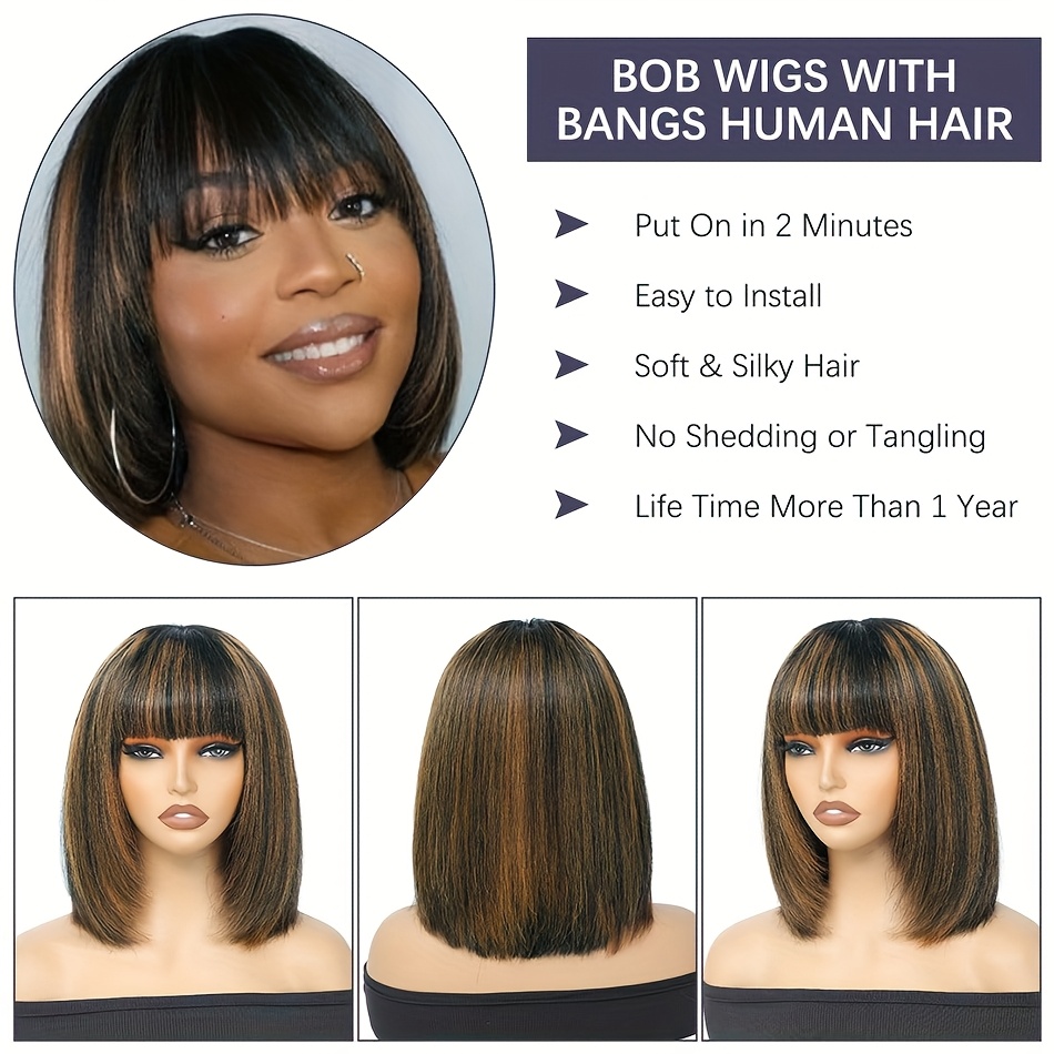 180 density looking straight human hair bob wig bangs - Temu display picture 1