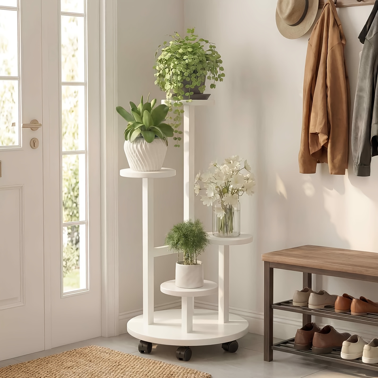 Image of 5 Tier Stand With Wheels Multi Layer Indoor Flower Pot Display Plant Holder With Stable Round Base For Living Room Balcony Garden Bedroom Decor