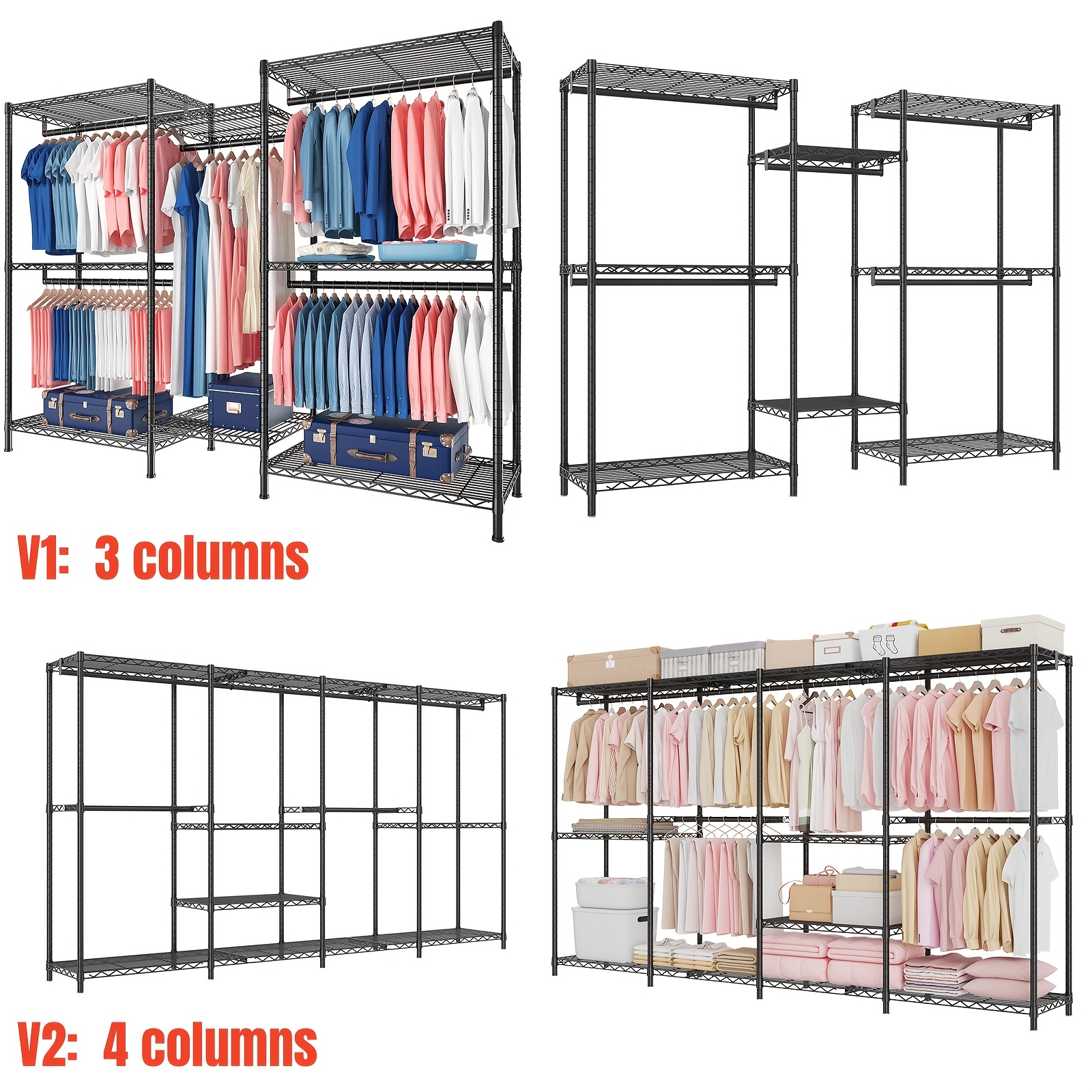 

Heavy Duty Clothes Rack, Metal Clothes Storage System, With 8 Dividers, Extra Large And Rack, 5 Hanging Rods, Diy Customized Organizer, Compact Black Metal Clothes Rack, Suitable For Hanging Clothes