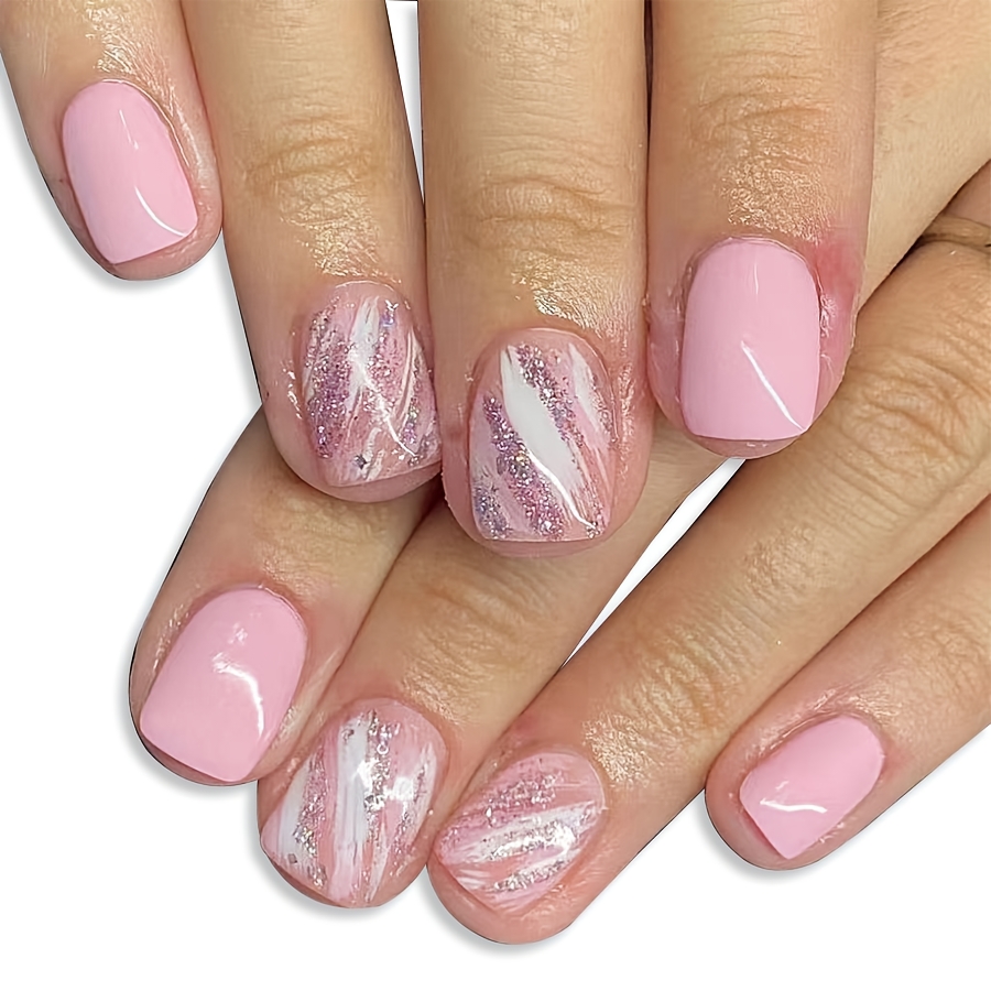 Image of 24pcs Short Square Glossy Spring Nail Series Irregular Bright Shimmer Gentle Cute Sweet Removable Reusable Wearable Nail Art Suitable For Women And