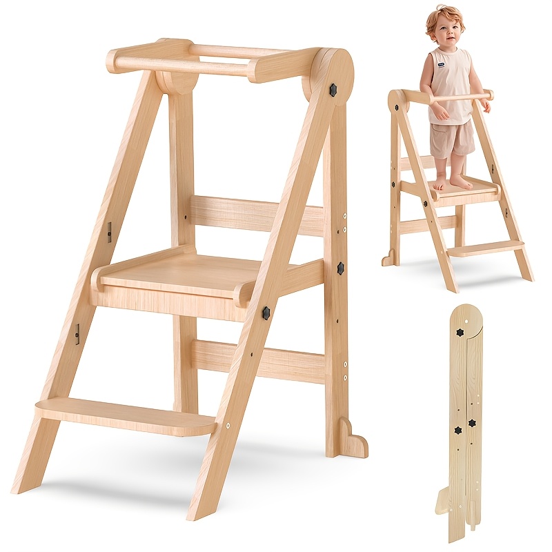 TEMU Foldable & Adjustable Stool - Wooden Learning Tower With 3 Height Levels & , Helper For Toddlers And Children