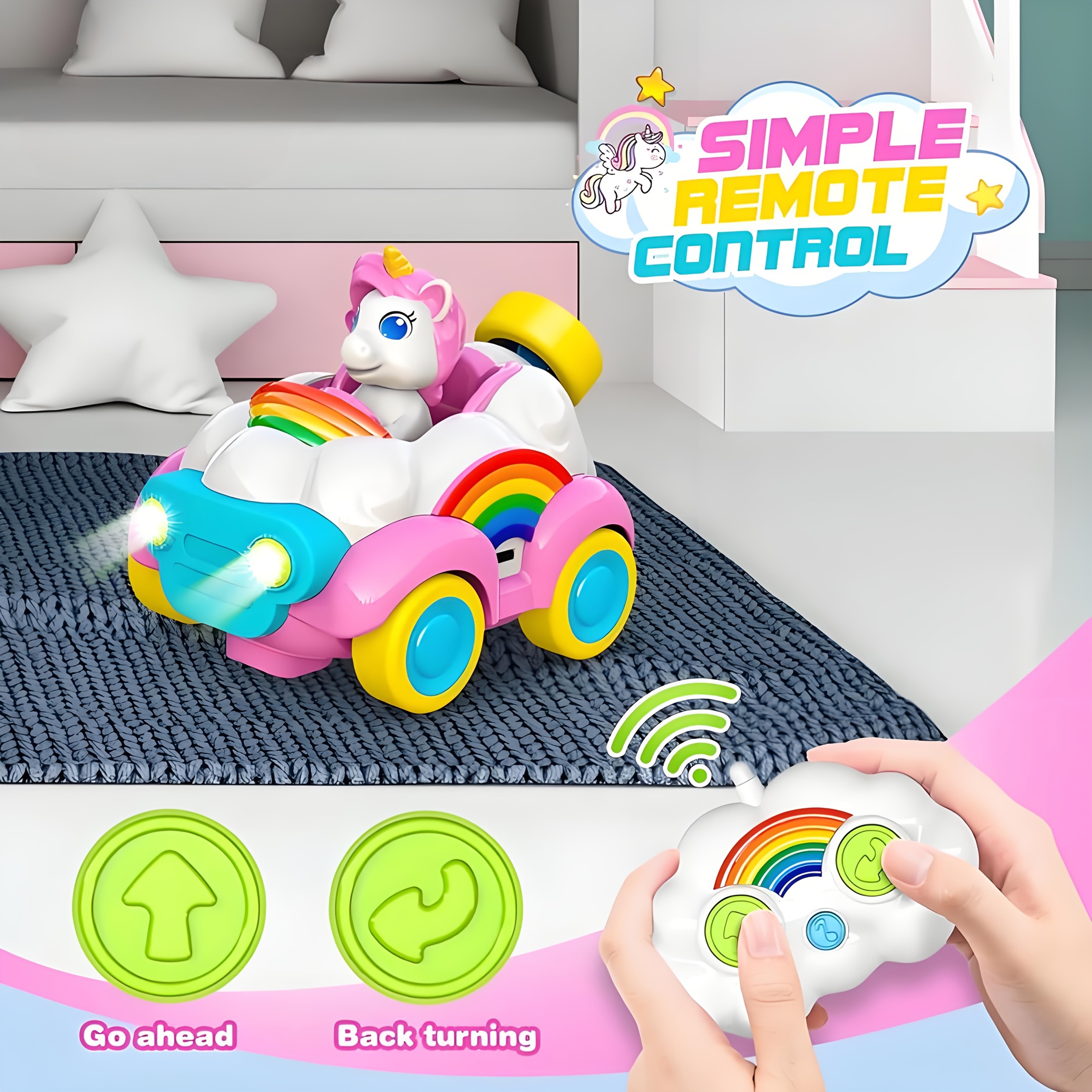 unicorn remote control car toy for 3 year olds gift set of 2 with led lights and   birthday present for girls ages 3 4 5 or 6 blue and pink