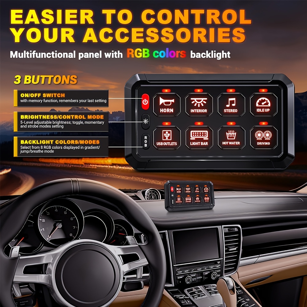 8 Gang Switch Panel with RGB Blacklight, Automatic Dimmable LED Switch Pod